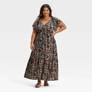 Universal Thread Flutter Short Sleeve Maxi A-Line Dress Black Floral 1X NWT